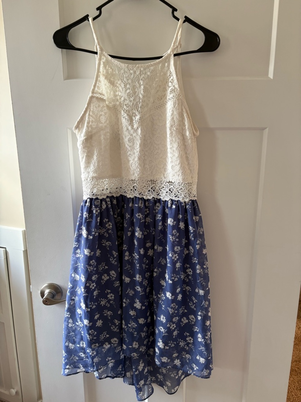 White Lace & Blue Floral Halter Dress